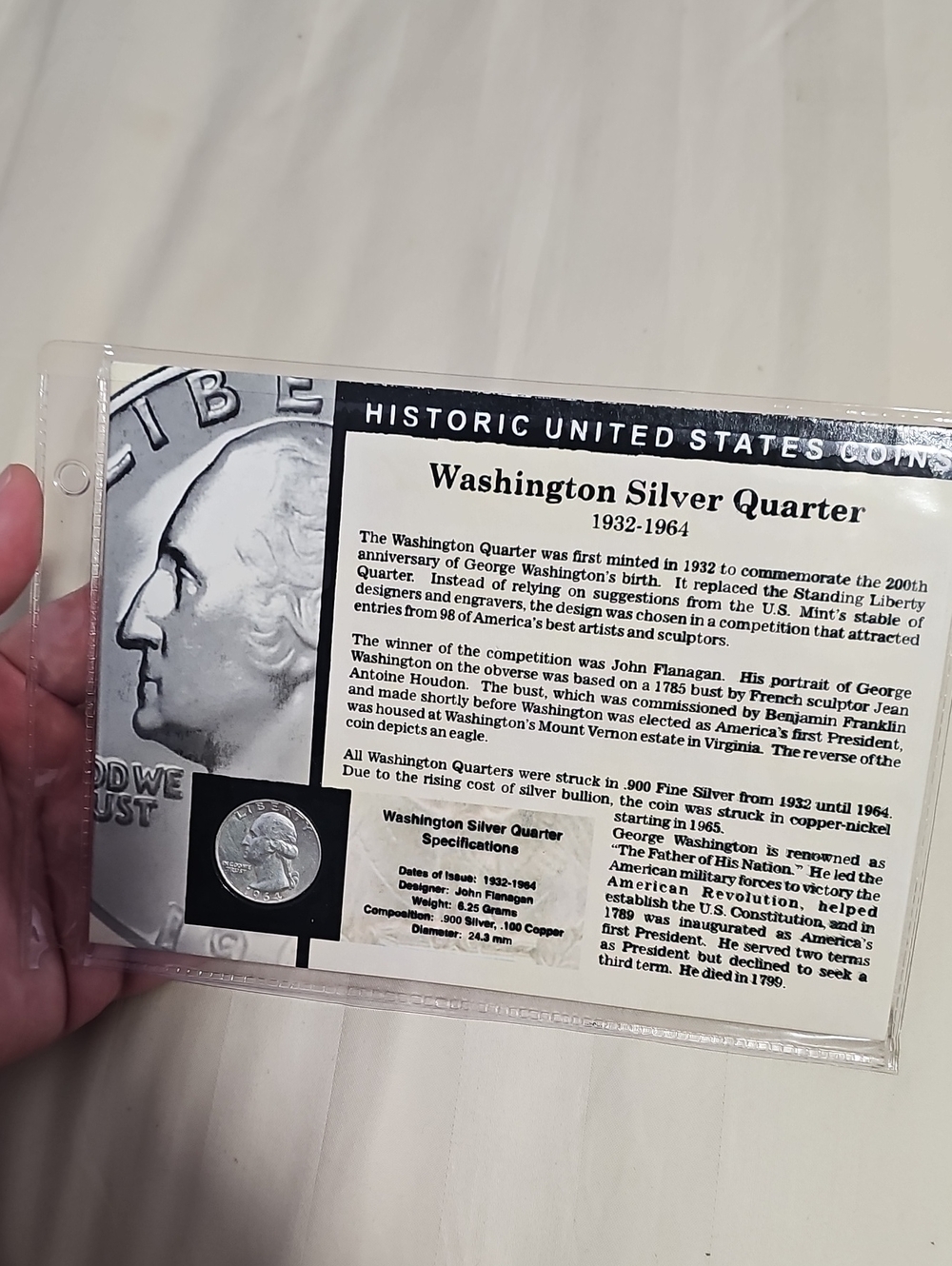 Washington Silver Quarter Info Card with Coin Insert - Black & White